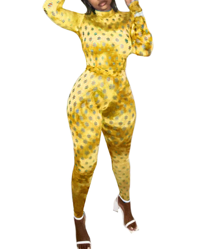 Lady Sexy Casual Tight Waist Flower Printed Hole Two-Pieces Set Solid Color S-XXL