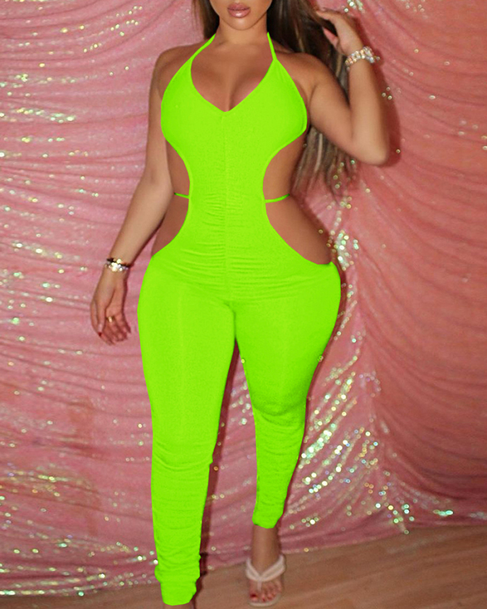 Lady Sexy Tight-Fitting Tie Rope Pleated Hollow Jumpsuit Solid Color S-XXL