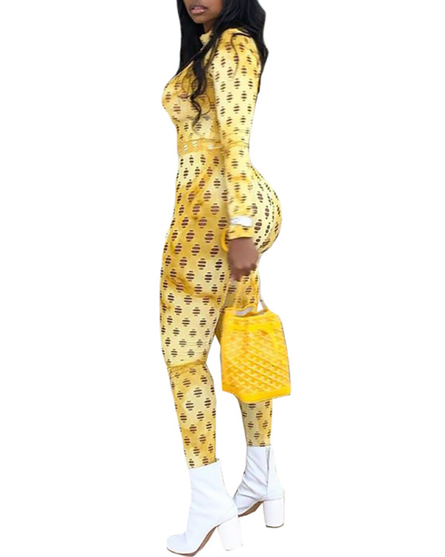 Lady Sexy Casual Tight Waist Flower Printed Hole Two-Pieces Set Solid Color S-XXL