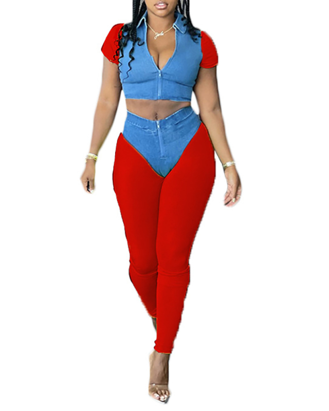 Lady Sexy Tight-Fitting Denim Print Zipper Casual Style Two-Piece Suit Two-Color Stitching S-XXL
