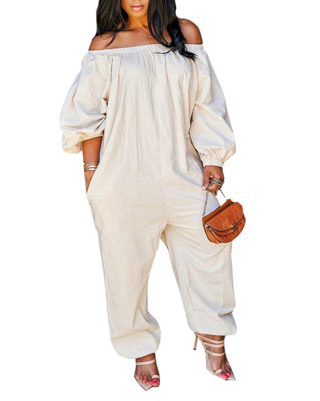 Lady Casual Loose Solid Color Half-sleeve Off-shoulder Jumpsuit Cream Color S-XXL
