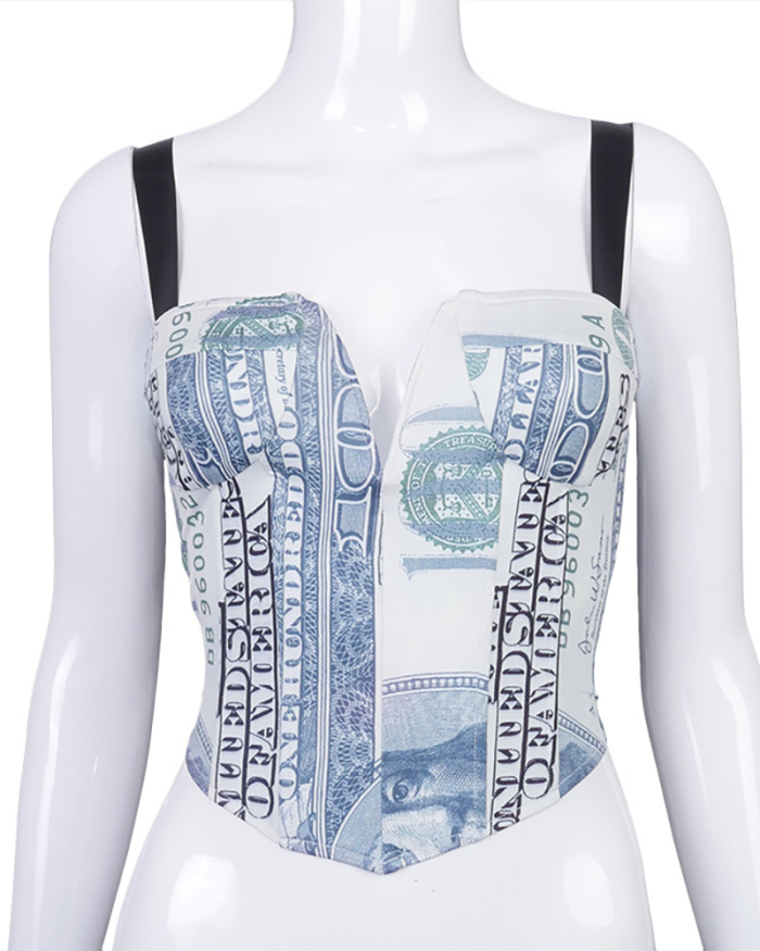 Dollars Printed Women Shaper Tops Blue Black