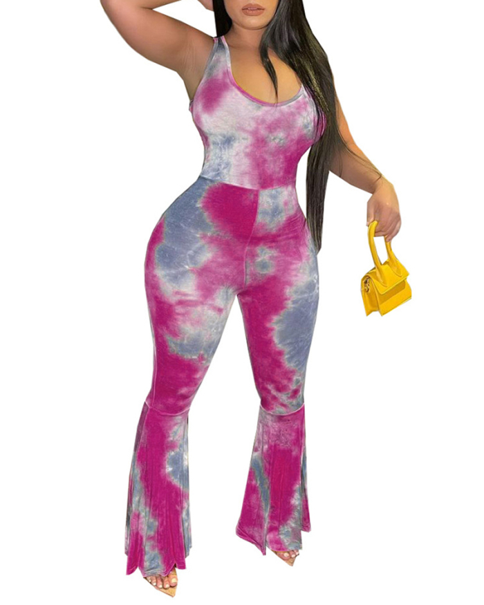 Lady Sexy Tight-Fitting Backless Multi-Shoulder Strapless Tie-Dye Printed Flare Jumpsuit Multicolor S-XXL
