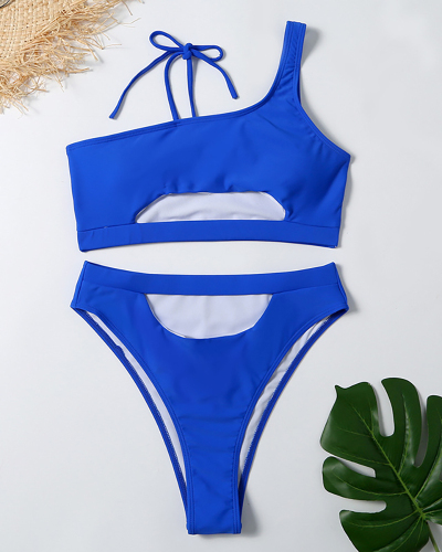 Sexy Swimwear Pure Color Hollow Out Two-piece Swimsuit