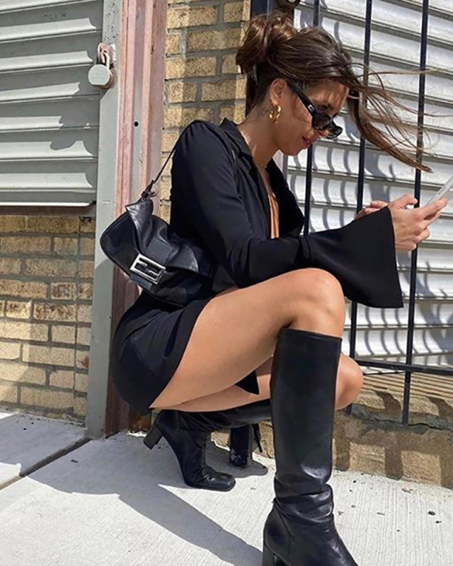 Lady Solid Color V-Neck Strappy Long Sleeve One Piece Dress White Black S-L