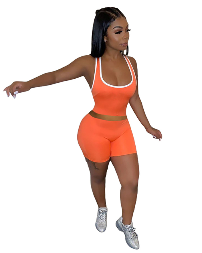 Women Casula Solid Color Sleeveless Sexy Sport Wear Slim Vest Shorts Two Pieces Outfit Orange Pink Green Red Black Blue Dark Green Purple Rose Red White Cyan Blue Yellow Fluorescent Yellow S-2XL