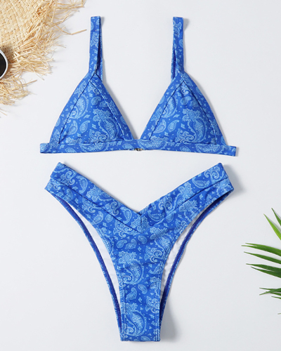 Lady Sexy Pattern Print High Cut Two-piece Swimsuit Blue S-L