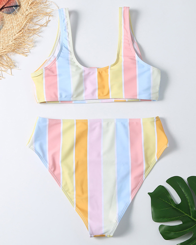 Lady Cute Colorful Striped High Waist Two-piece Swimsuit S-XL