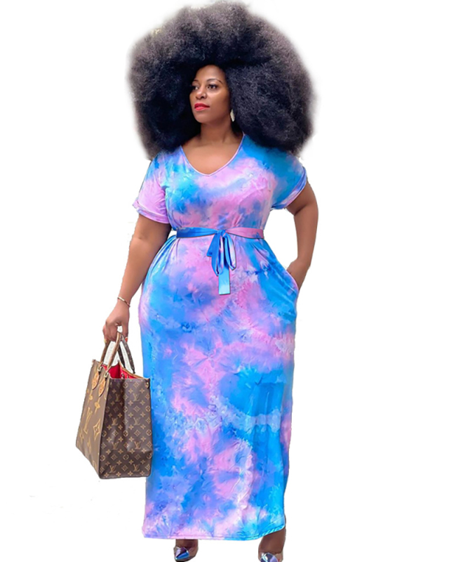 Die Tye Printed Blue Plus Size Long Dress L-4XL