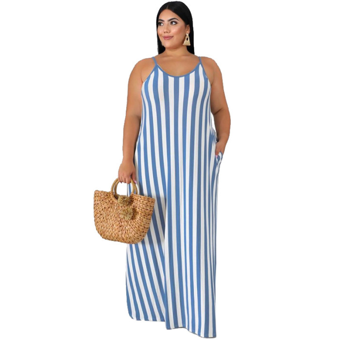Women's Striped Sleeveless Maxi Boho Plus Size Dresses XL-5XL