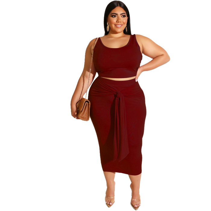 Women Solid Color Sleeveless Casual Plus Size Two Piece Sets Skirt Sets Black Pink Purple Navy Blue Wine Red Light Green Army Green XL-5XL