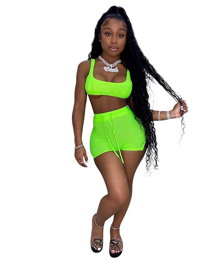 Women Solid Color Strappy Two Piece Set White Yellow Green S-2XL