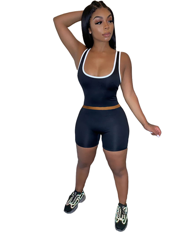 Women Casula Solid Color Sleeveless Sexy Sport Wear Slim Vest Shorts Two Pieces Outfit Orange Pink Green Red Black Blue Dark Green Purple Rose Red White Cyan Blue Yellow Fluorescent Yellow S-2XL