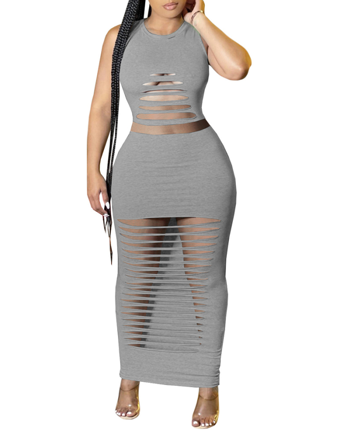Lady Sexy Slim Striped Hollow Out Round Neck Sleeveless Two-Piece Skirt Solid Color S-XXL