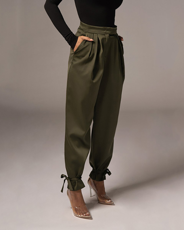 Women Solid Color Strappy Ankle High Waist Casual Pants White Khaki Black Brown Army Green Orange S-L