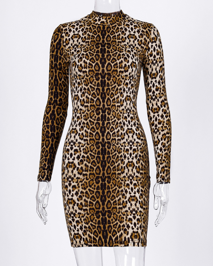 Hot Sale Women Sexy Leopard/Tiger Pattern Mock Neck Long Sleeve Bodysuit /Maxi Dress /Mini Dress S-XL