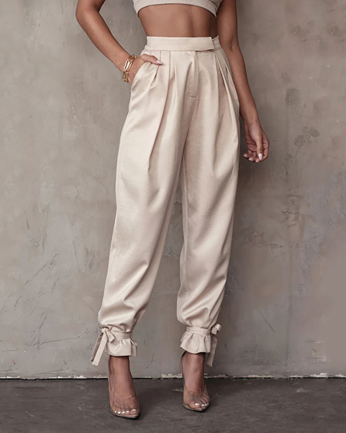 Women Solid Color Strappy Ankle High Waist Casual Pants White Khaki Black Brown Army Green Orange S-L