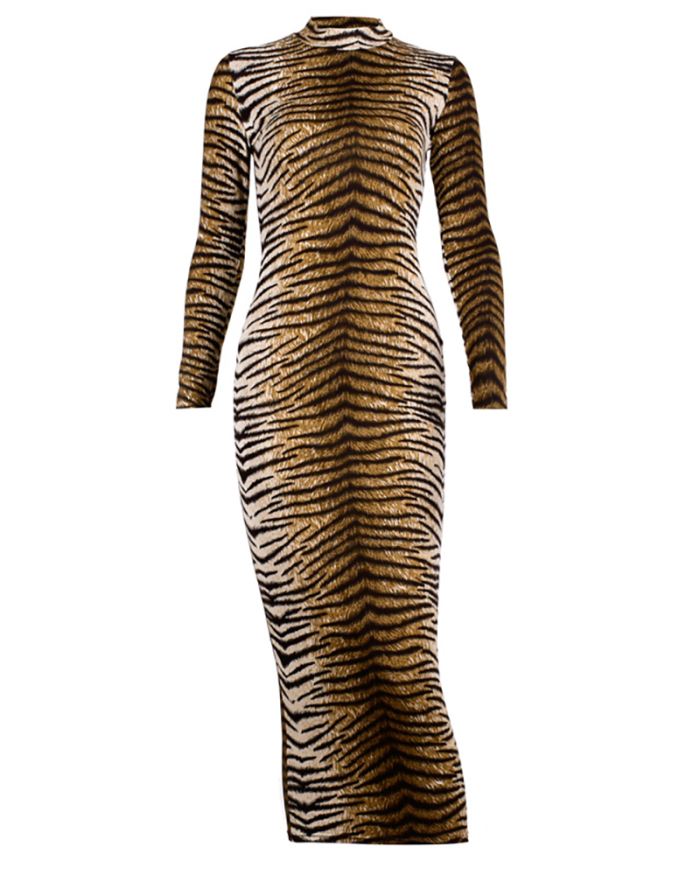 Hot Sale Women Sexy Leopard/Tiger Pattern Mock Neck Long Sleeve Bodysuit /Maxi Dress /Mini Dress S-XL