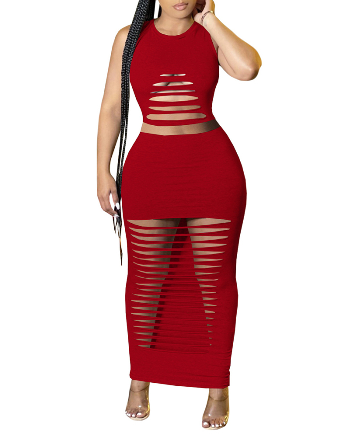 Lady Sexy Slim Striped Hollow Out Round Neck Sleeveless Two-Piece Skirt Solid Color S-XXL