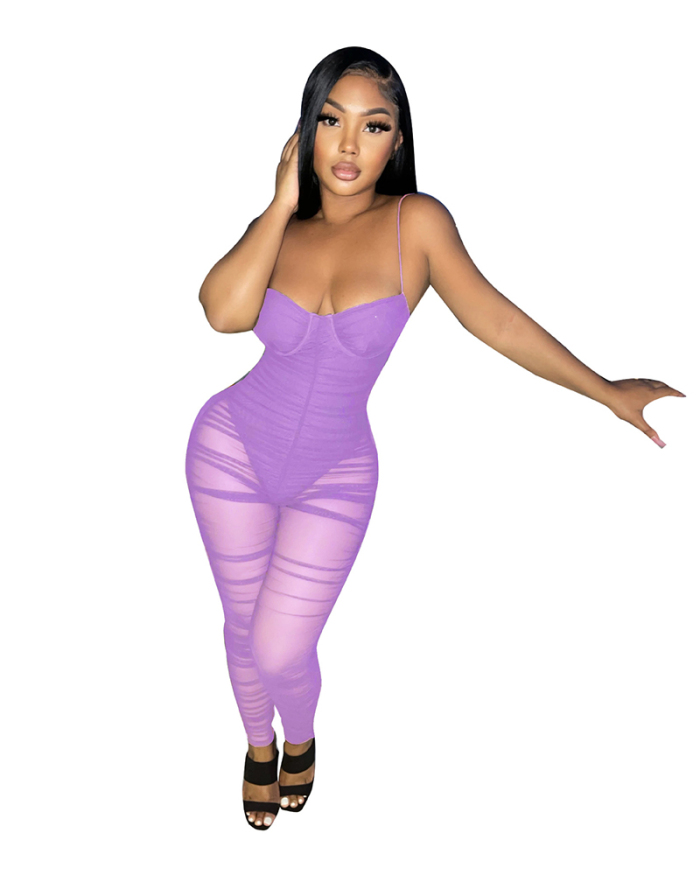 Lady Sexy See Through Mesh Party Jumpsuit Red Black Blue Purple S-2XL