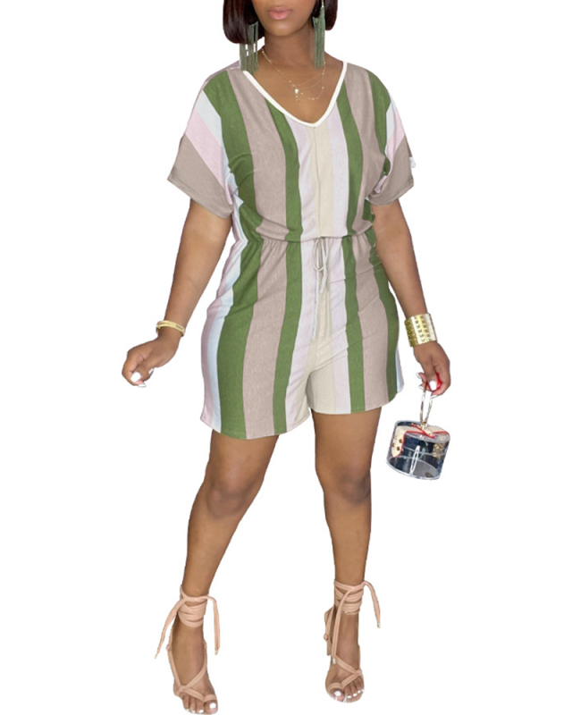 Casual Striped V-neck Romper Multi Color S-XXL