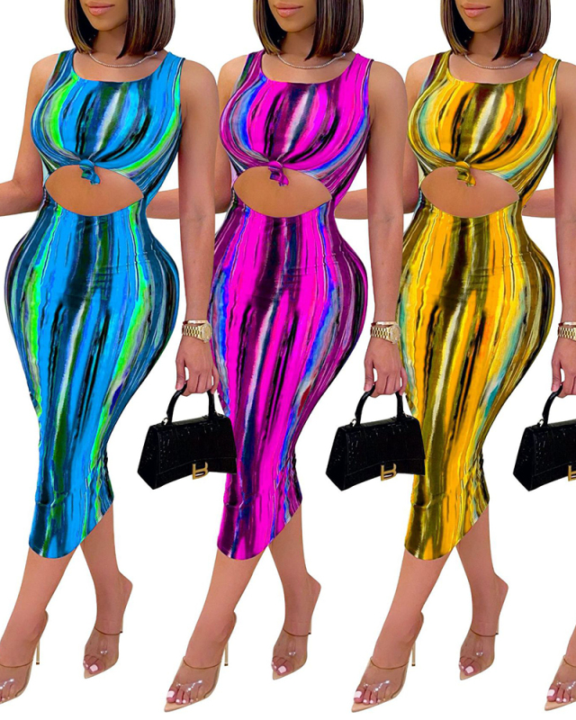 Women Hollow out Tie Dye Sleeveless Midi Dress Red Blue Yellow Purple S-XXL