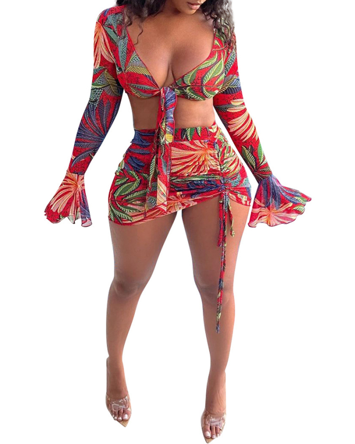 Long Sleeve Printed Two Piece Skirt Set S-XXL