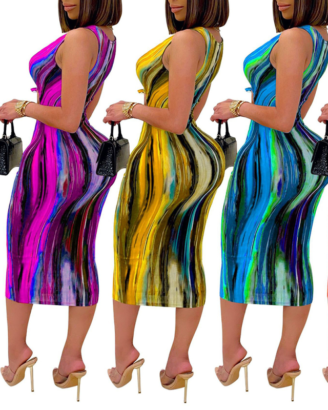 Women Hollow out Tie Dye Sleeveless Midi Dress Red Blue Yellow Purple S-XXL