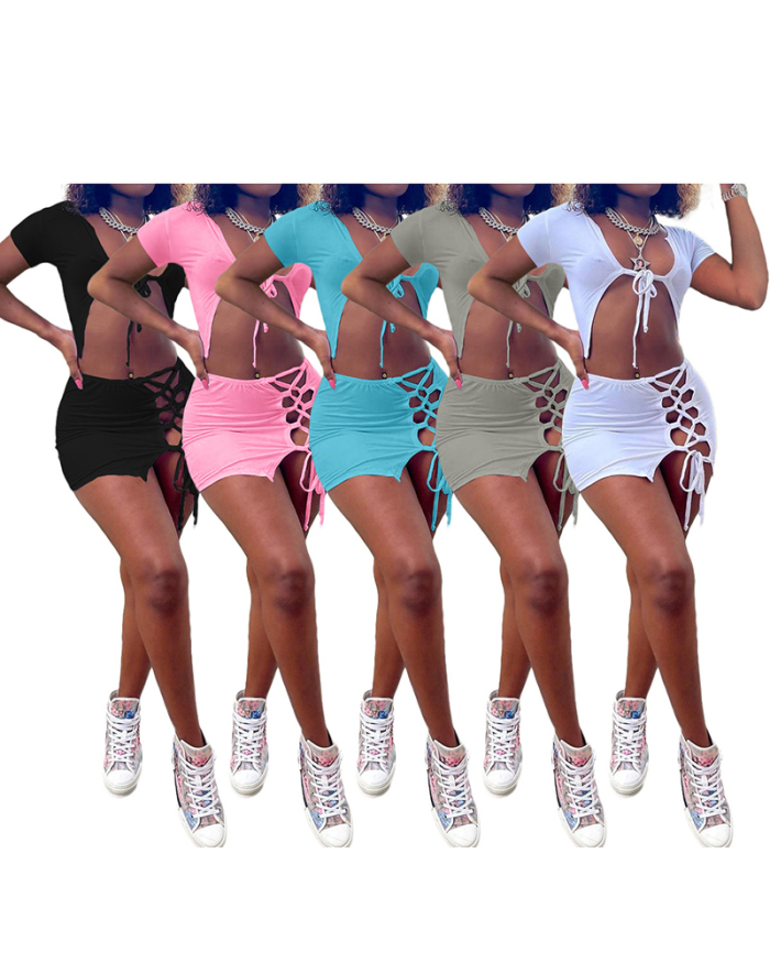 Lady Sexy String on Chest Solid Color Two-piece Set Shorts Set Multi Color S-XXL
