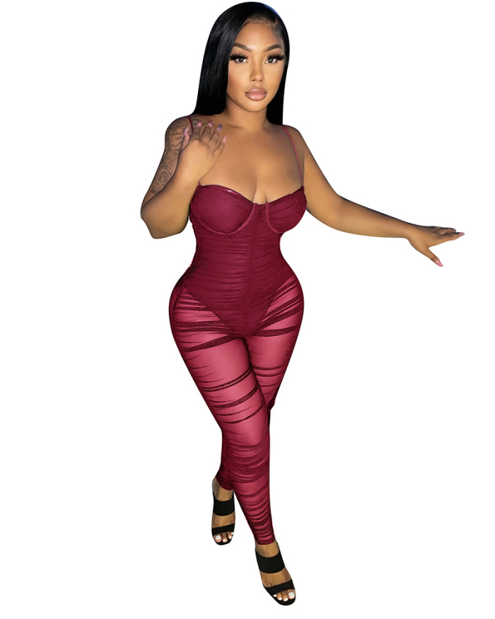 Lady Sexy See Through Mesh Party Jumpsuit Red Black Blue Purple S-2XL