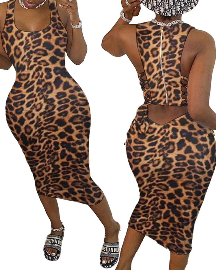 Women Leopard Print O-neck Sleeveless Midi Dresses S-XXL