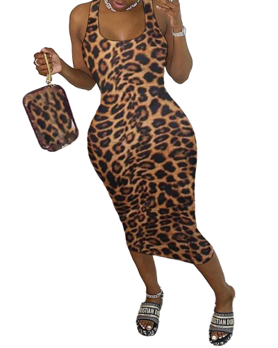Women Leopard Print O-neck Sleeveless Midi Dresses S-XXL