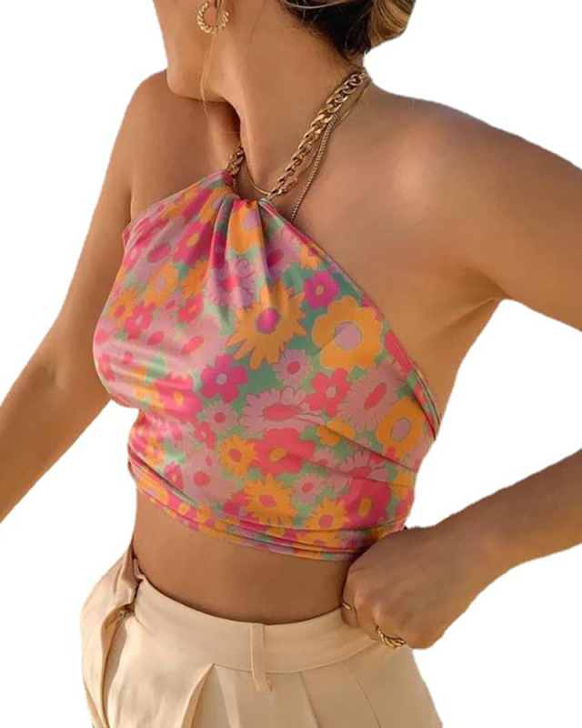 Lady Sexy Backless Chain Strap Floral Print Camisole S-XL