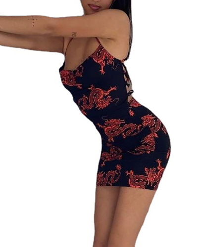 Lady Sexy Summer Bandage Hollow Out Open Back Wrapped Chest Slim Fit Pack Hip Dress Floral Printed S-XL