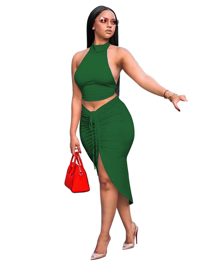 Open Back Sexy Solid Color Two Piece Skirt Dress S-XXL