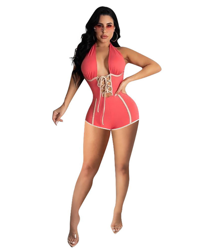 Lady Cross Strappy Halter Backless Jumpsuit S-2XL