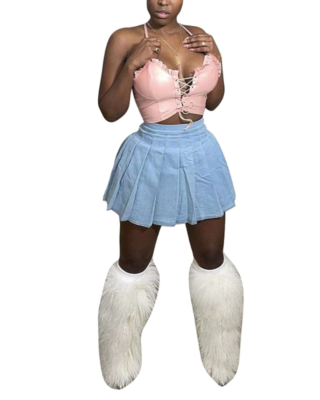 Hot Sale Solid Color Above Knee Jean School Girl Skirts Pleated Skirt Light Blue Dark Blue S-3XL
