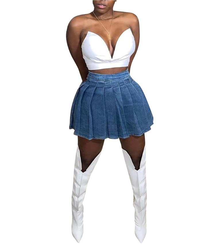 Hot Sale Solid Color Above Knee Jean School Girl Skirts Pleated Skirt Light Blue Dark Blue S-3XL