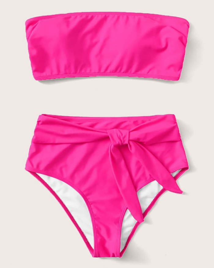 Women Sexy Bikini Tie Up Tube Top Solid Pink