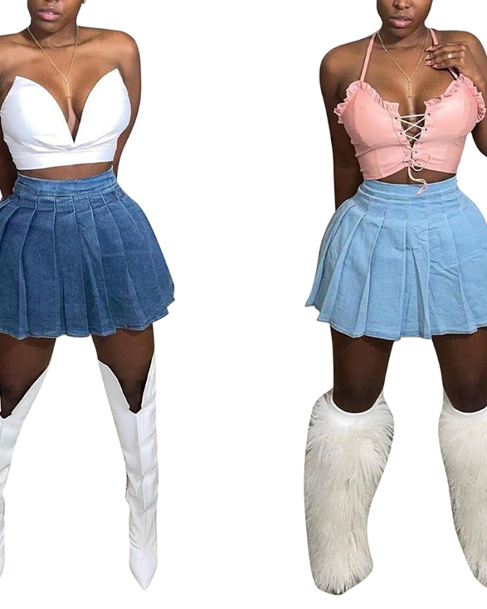Hot Sale Solid Color Above Knee Jean School Girl Skirts Pleated Skirt Light Blue Dark Blue S-3XL