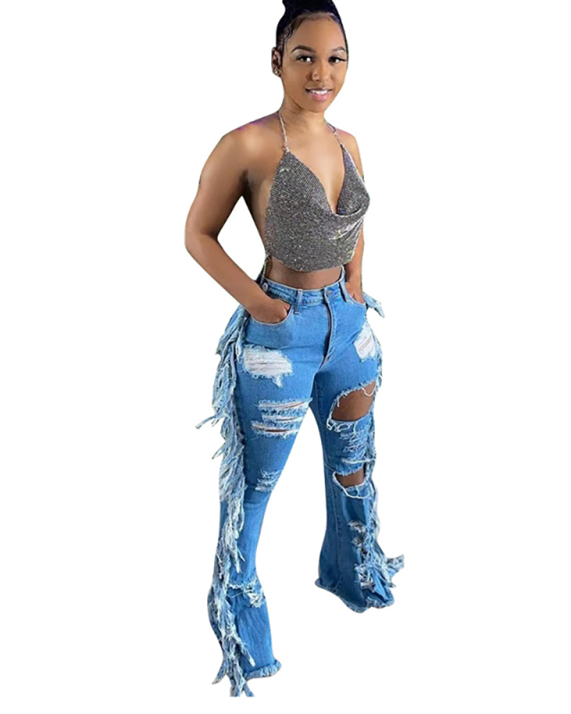 Light Blue New Broken Hole Washed Tassels Women Jeans S-3XL