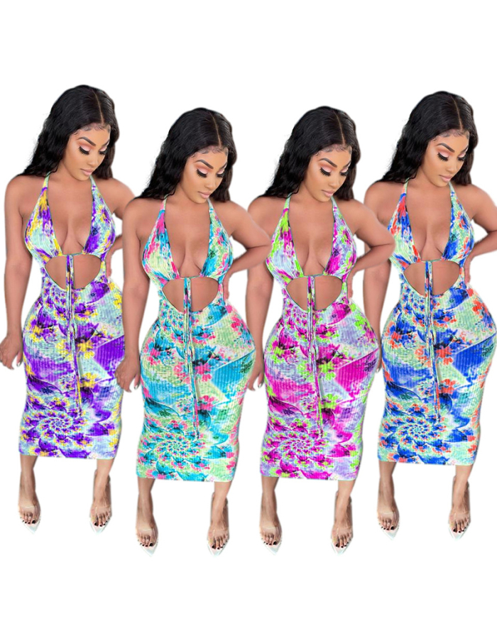 Women's Pit-striped Digital Print Lacing Dress