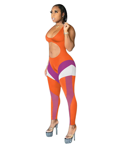 Women Colorblock Hollow Out Street Style Jumpsuit S-2XL