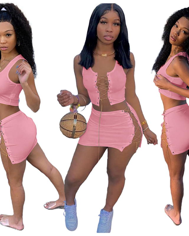 Lady Hollow Out Solid Color Cross Strappy Two Piece Set S-2XL