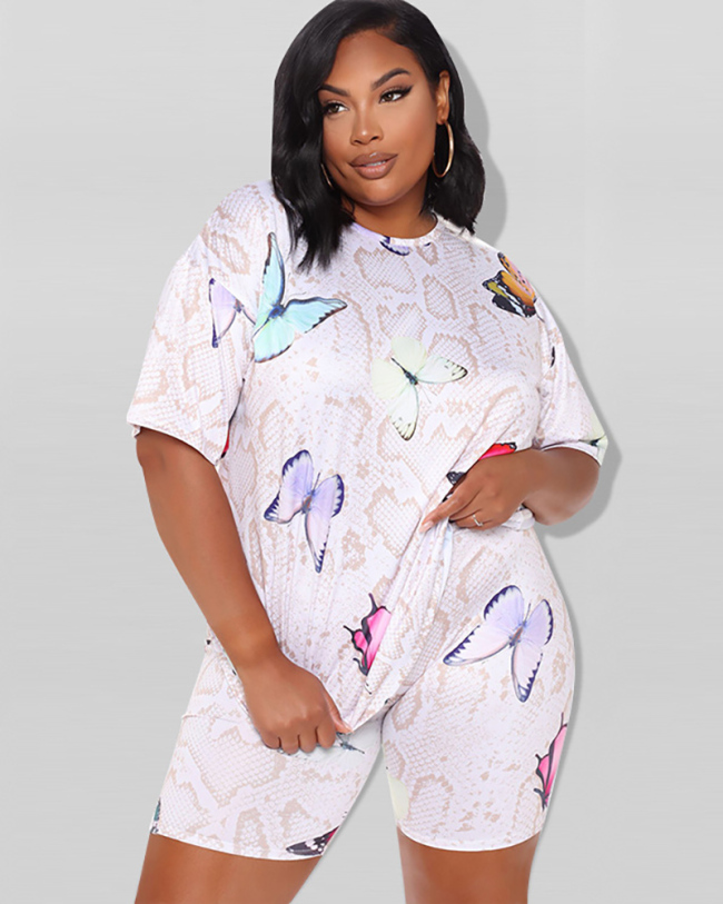 Large size women's summer 2021 new cross-border European and American butterfly print fashion casual suit