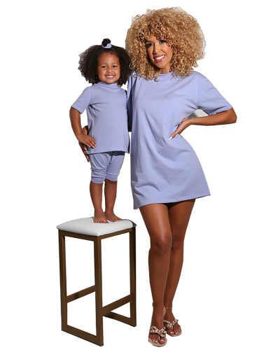 Solid Color Short Sleeve Parent-Child Outfit S-2XL