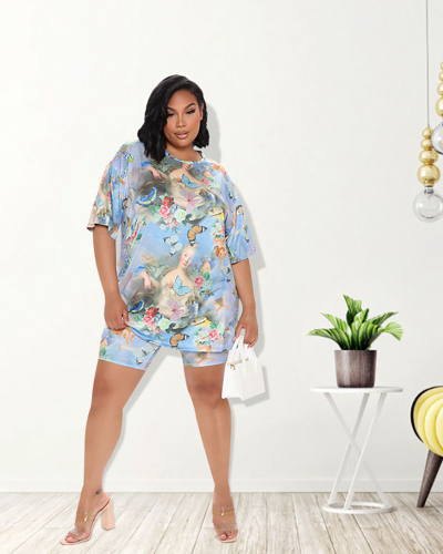 Plus-size women's summer 2021 new print T-shirt fashion set