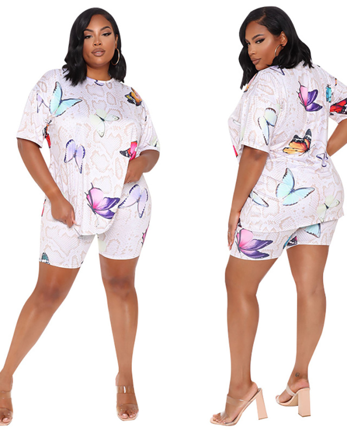 Large size women's summer 2021 new cross-border European and American butterfly print fashion casual suit