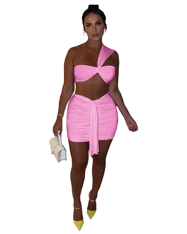 Sexy Women Solid Color Sleeveless Mini Two Pieces Outfit White Pink Yellow Red Black S-L