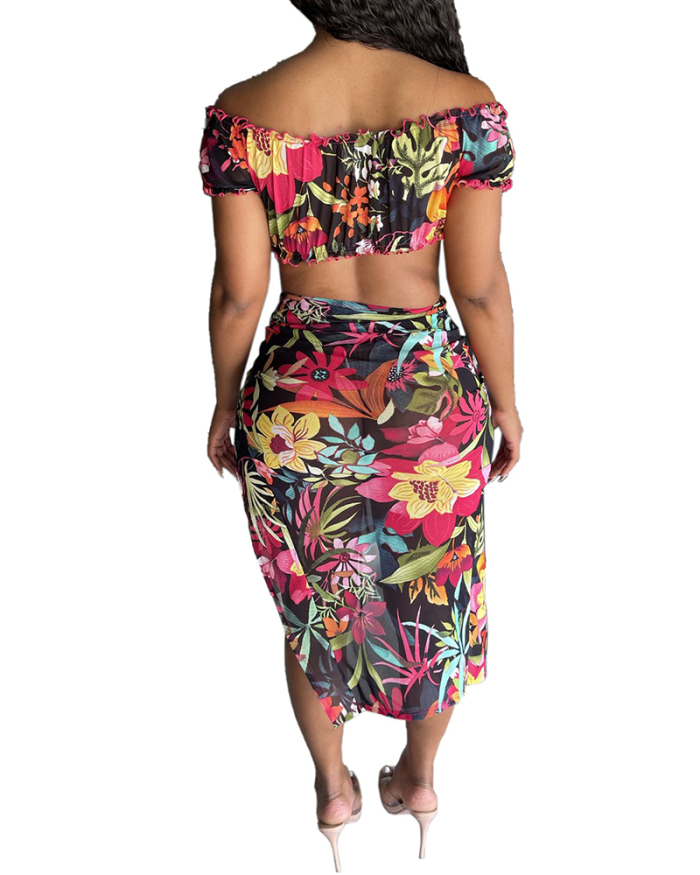 Women Florals Deep V-Neck Off Shoulder High Slit Midi Two Pieces Skirt Sets S-2XL